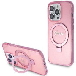 Husa Guess Ring Stand Glitter MagSafe pentru iPhone 15 Pro Max Roz