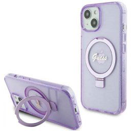 Husa Guess Ring Stand Glitter MagSafe pentru iPhone 15 Mov