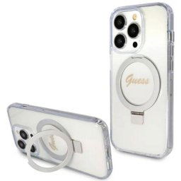 Husa Guess Ring Stand Glitter MagSafe pentru iPhone 15 Pro Max Transparent