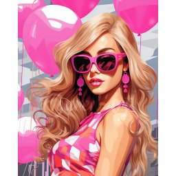 Set goblen cu diamante, cu sasiu, Diva si baloane roz, 40x50 cm