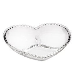 Bol din sticla in forma de inima Pufo Heart cu 3 compartimente pentru alune, fistic, bomboane, gustari- elegant si practic pentru servire, 16 cm