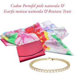 Cadou Lady Red Portofel Piele Naturala, Esarfa Matase Naturala si Bratara Tennis