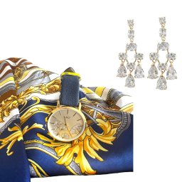 Ceas QQ, Cercei Gold Flower si Esarfa Matase Borealy