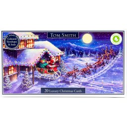 20 felicitari Craciun Deluxe Tom Smith 2022 - Scena traditionala din sania lui Mos Craciun - plicuri si autocolante cu sigiliu - Cutie de carduri cu 20 de felicitari