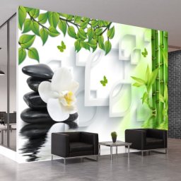Fototapet 3D Pietre Spa cu Bambus si Orhidee Alba OPOS78 (Alege materialul: : Autocolant Perete Laminat Mat)