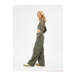 Koton Straight Wide Leg Cargo Trousers Normal Waist Large Pocket Detailed