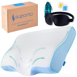 Set Perna Cervicala Suporto Aura Anatomica si Ortopedica Albastra + Masca de dormit 3D cu saculet Verde Smarald, pachet pentru ochi obositi si un somn confortabil