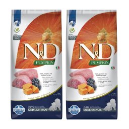 FARMINA N&D GF Puppy Medium&Maxi Pumpkin Lamb&Blueberry hrana uscata catei talie medie si mare, cu dovleac, miel si afine 24 kg (2 x 12 kg)