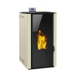 Termosemineu pe peleti, Prity PLW18PEH Design, fata sticla panoramica, 20kW, echipata cu pompa de circulatie,vas epansiune, automatizare, tiraj fortat, suprafata pana la 180 metri patrati, Ivory