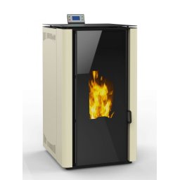 Termosemineu pe peleti, Prity PLW25PEH Design, fata sticla panoramica, 27kW, echipata cu pompa de circulatie,vas epansiune, automatizare, tiraj fortat, suprafata pana la 250 metri patrati, Ivory