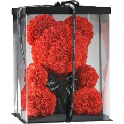 Ursulet floral rosu din trandafiri 40 cm, decorat manual, in cutie cadou (TIP PRODUS: Aranjament floral)