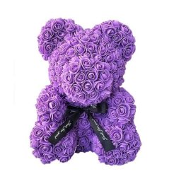 Ursulet floral mov din trandafiri 40 cm, decorat manual, in cutie cadou (TIP PRODUS: Aranjament floral)
