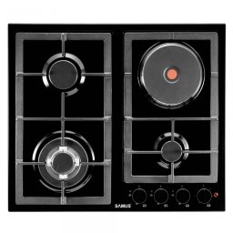 Plita PSGE-63SB1, 3 arzatoare pe gaz + 1 arzator electric, Sisteme de siguranta la arzatoare pe gaz, Aprindere electrica, Negru