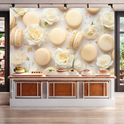 Fototapet 3D Macaroons cu Trandafiri Albi Frantuzesti DSS95 (Alege materialul: : Autocolant Perete Laminat Lucios)