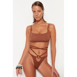 Trendyol High Leg Bikini Bottom cu accesorii Ecru
