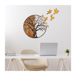Decorațiune de perete 92x71 cm lemn/metal copac și păsări