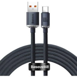 Cablu alimentare si date Baseus, Cafule Metal Crystal Shine, Fast Charging, USB la USB Type-C 100W 2m braided, Negru