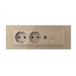 Priza Tripla cu Blank Livolo cu Rama din Sticla 2 Prize Schuko+TV/internet, Standard Italian Serie Noua, Auriu, VL-C9-C3EU/VC-13