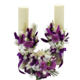 Set 2 lumanari cununie ceara naturala + buchet mireasa, flori uscate mov&alb - ILIF401024