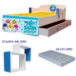 Pat copii Baby Shark 160x80 saltea 2-12 ani si sertar cadou