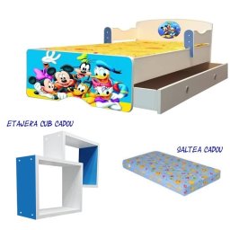 Pat copii Mickey si prietenii 160x80 cu saltea 2-12 ani si sertar cadou