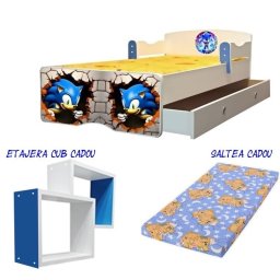 Pat copii Sonic 140x70 cu saltea 2-8 ani si sertar cadou