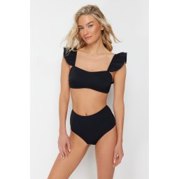 Trendyol Black Bralette Frilly Textured High Waist Hipster Bikini Set