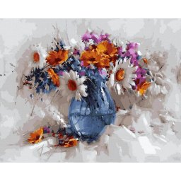 Set pictura pe numere, cu sasiu, Natura statica cu margarete si galbenele, 40x50 cm