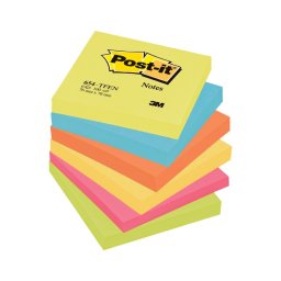 Notite adezive Post-it, 76 x 76 mm, 100 file, 6 bucati/set, nuante neon de galben, albastru, orange, roz, verde, 100% PEFC