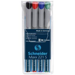 Universal non-permanent marker SCHNEIDER Maxx 221 S, varf 0.4mm, 4 culori/set