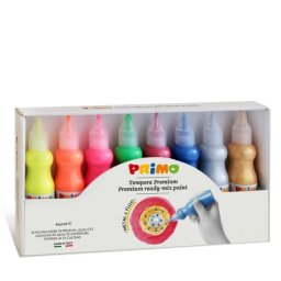 Tempera cu mecanism control debit Morocolor, 4 culori fluorescente si 4 culori metalice