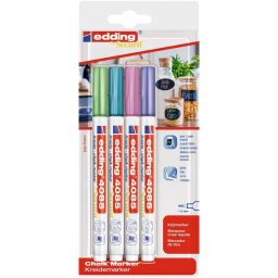 Marker Edding 4085, cu creta lichida, varf rotund 1-2 mm, 4 culori metalice/blister