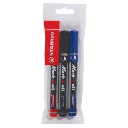 Marker permermanent Stabilo Mark-4-all, varf tesit, 1-4 mm, 3 culori/blister