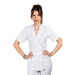 OUTLET Halat medical kimono stretch alb cu doua buzunare aplicate si guler tip tunica