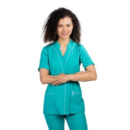 OUTLET Halat medical kimono stretch verde turcoaz cu doua buzunare aplicate si guler tip tunica