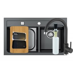 Set chiuveta granit Alveus Atrox 50 G91, baterie Kati G91 + dozator, tocator, sita,all round, organizator, 3010016, reversibila, 79 cm, Negru