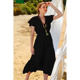 Trend Alaçatı Stili Women's Black Striped Double Breasted Neck Maxi Oversized Crinkle Dress