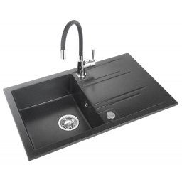 Pachet 2in1 Chiuveta Ferro Granit Lucios , cu o cuva + picurator, patrat, grafit-negru + Baterie FERRO Zumba cu pipa flexibila culoare, Negru