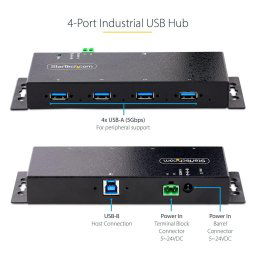 StarTech.com 4-Port Industrial USB 3.0 5Gbps Hub, Rugged USB Hub w/15kV Air/8kV Contact ESD and Surge Protection, DIN/Wall/Desk Mountable USB-A Hub, USB Expansion Hub with Locking Ports - Metal Construction (5G4AINDNP-USB-A-HUB) - hub - industrial - 4 por