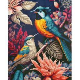 Set goblen cu diamante, cu sasiu, Pasari in copac, 40x50 cm