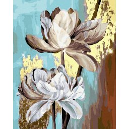 Set pictura pe numere, cu sasiu, Flori albe - vopsea aurie, 40x50 cm