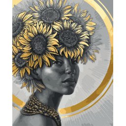 Set pictura pe numere, cu sasiu, Portret cu floarea soarelui - vopsea aurie, 40x50 cm