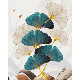 Set pictura pe numere, cu sasiu, Frunze alb-albastre - vopsea aurie, 40x50 cm