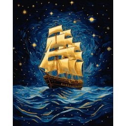 Set pictura pe numere, cu sasiu, Corabie cu vele - vopsea aurie, 40x50 cm