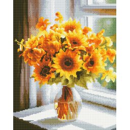 Set goblen cu diamante, cu sasiu, Pervaz cu flori galbene, 40x50 cm
