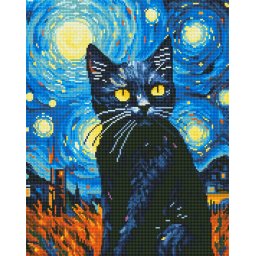 Set goblen cu diamante, cu sasiu, Pisica neagra si stelele, 40x50 cm