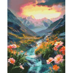 Set goblen cu diamante, cu sasiu, Peisaj cu flori, 40x50 cm