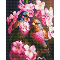 Set goblen cu diamante, cu sasiu, Pasari si flori roz, 40x50 cm