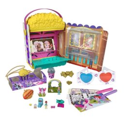 Set de joaca Polly Pocket, Popcorn, cu 2 papusi si 12 accesorii, casuta pliabila, 21.4x14.9 cm