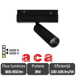 ACA Proiector șina magnetică HUBE MINI 8W 3000/4000K Alb sau Negru